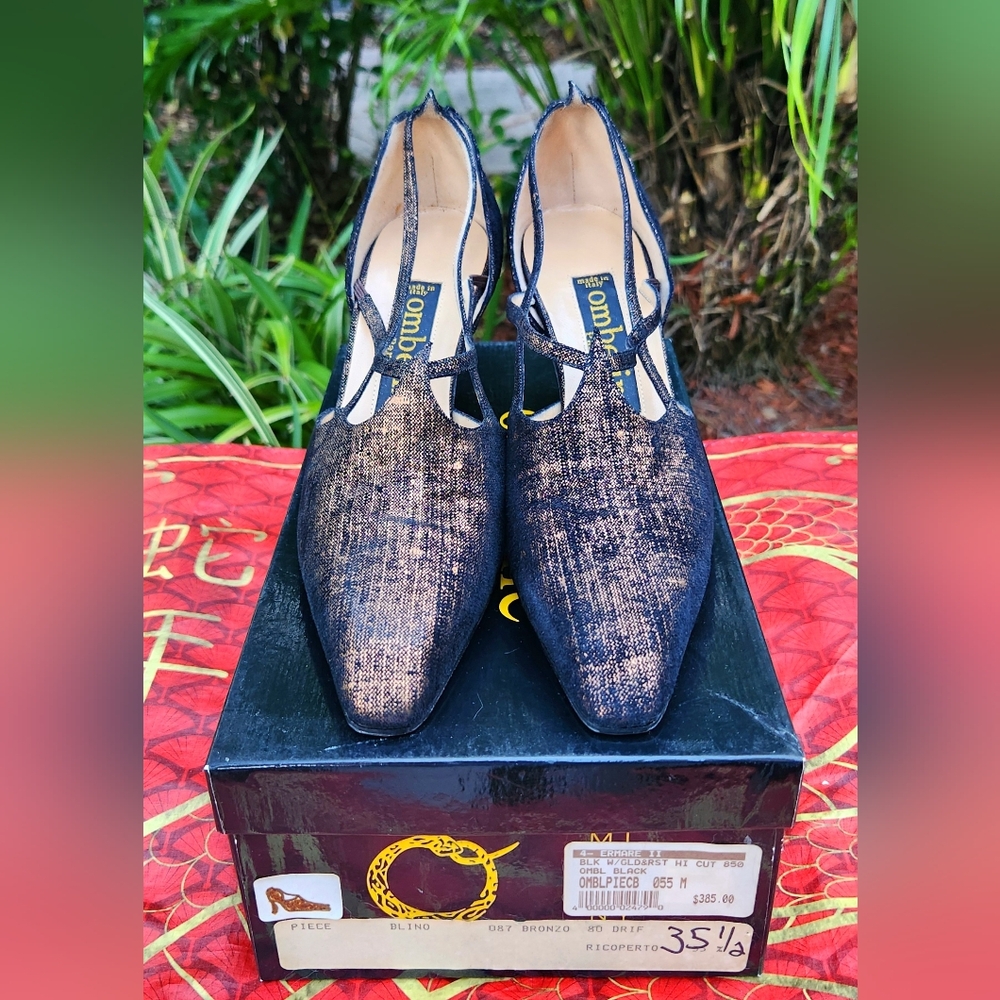 Elegant Black and Bronze Fabric Heels